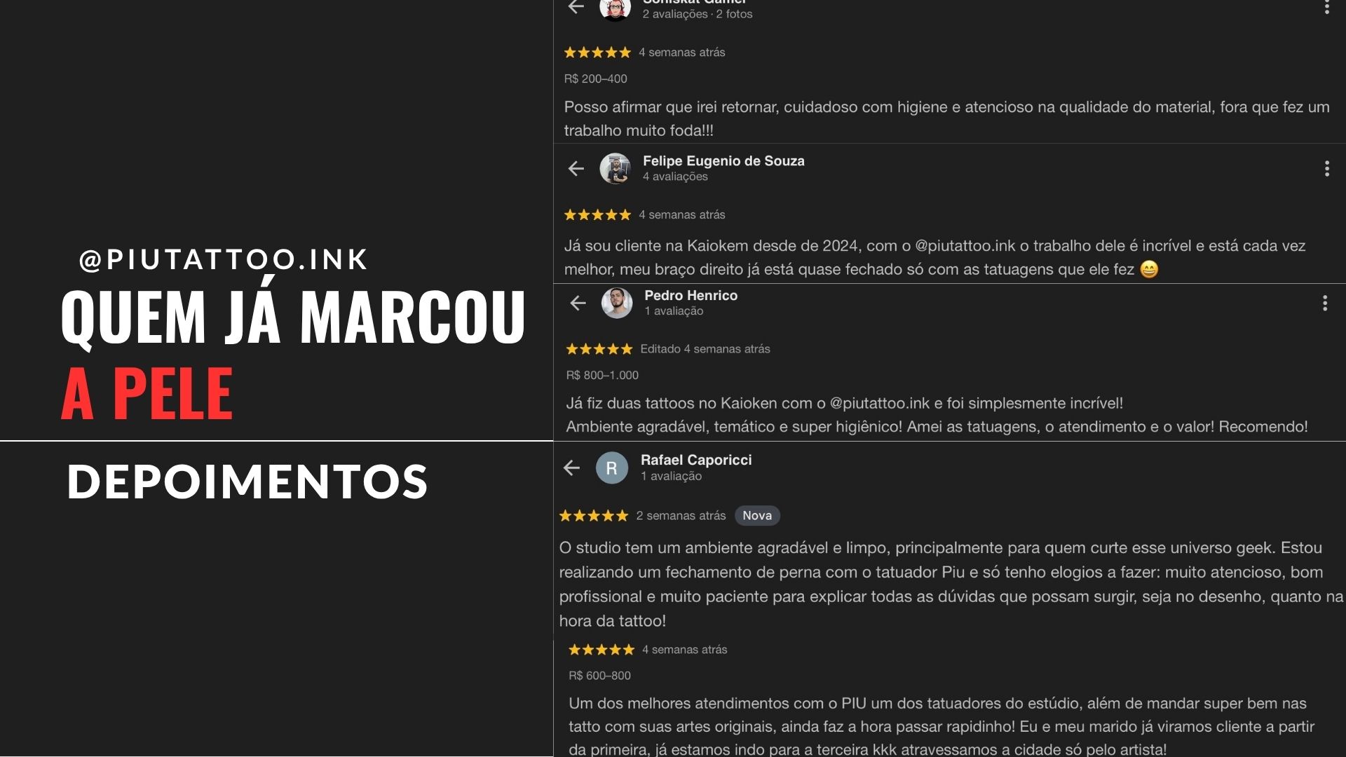 Avaliações 5 estrelas de clientes do Piu Tattoo no Google